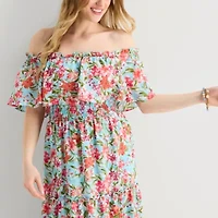 Rabbit Design Womens Midi Straight Neck Short Sleeve Off the Shoulder Floral Fit + Flare Dress