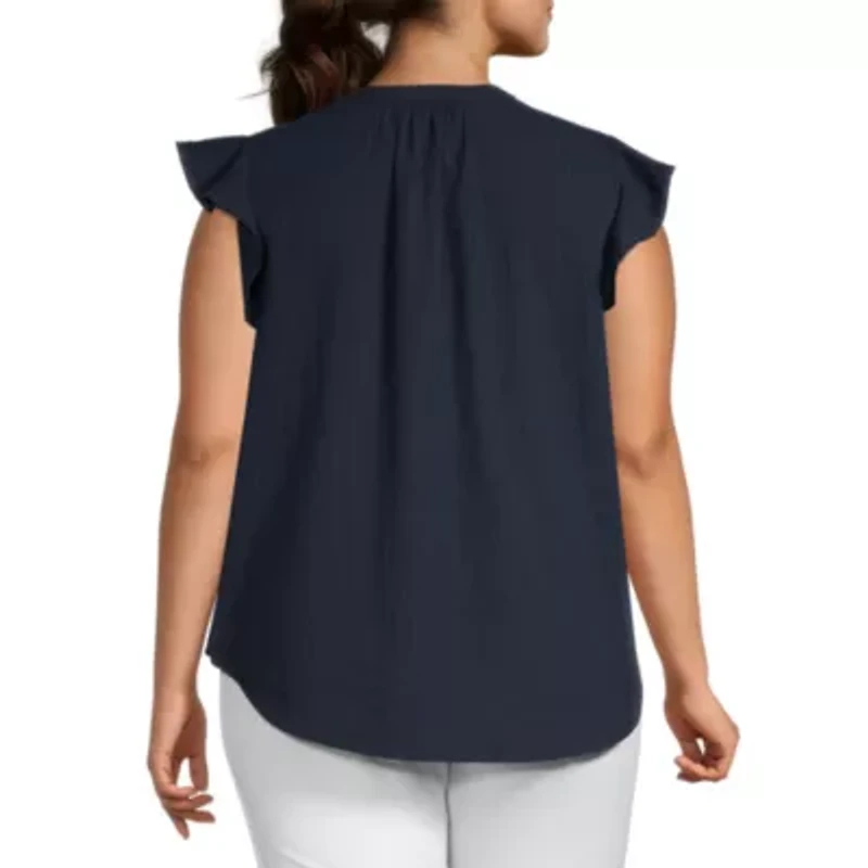 Liz Claiborne Womens Split Crew Neck Short Sleeve Plus Blouse