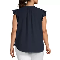 Liz Claiborne Womens Split Crew Neck Short Sleeve Plus Blouse