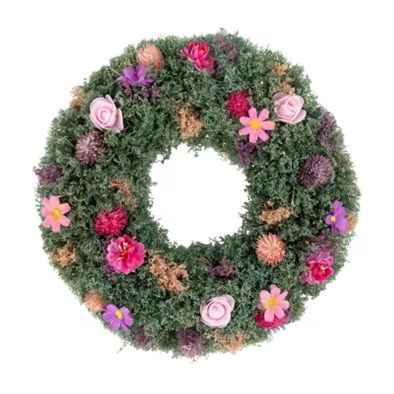 Northlight 13in Pink Rose And Thistle Mixed Floral Wreath