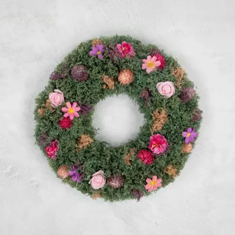 Northlight 13in Pink Rose And Thistle Mixed Floral Wreath