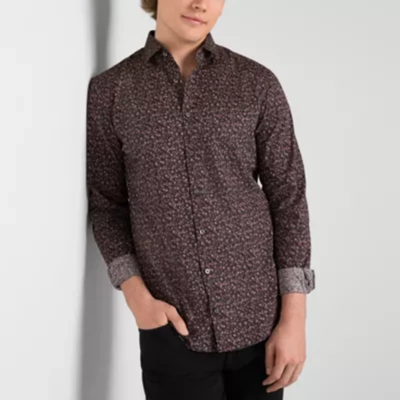 J. Ferrar Mens Long Sleeve Slim Fit Stretch Fabric Wrinkle Free Button-Down Shirt