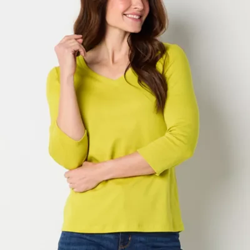 St. John's Bay Womens V Neck 3/4 Sleeve T-Shirt