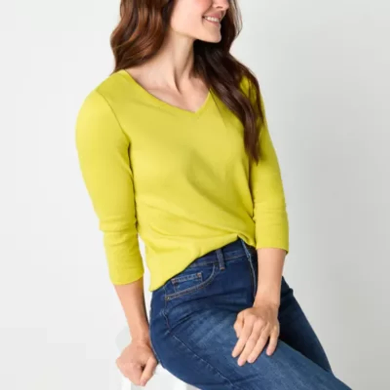 St. John's Bay Womens V Neck 3/4 Sleeve T-Shirt
