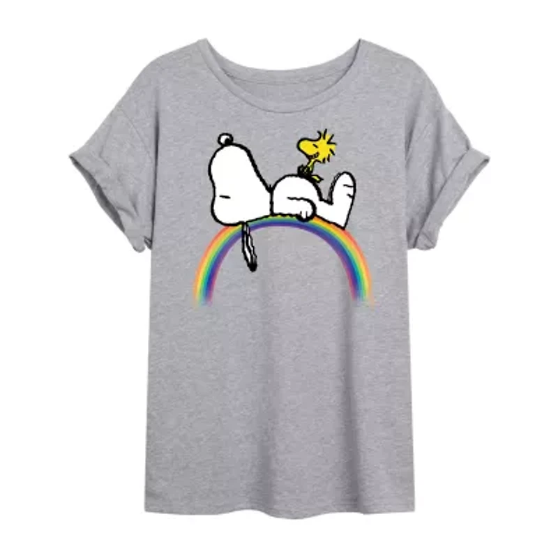 Rainbow Womens Crew Neck Short Sleeve Regular Fit Peanuts Snoopy Juniors Graphic T-Shirt