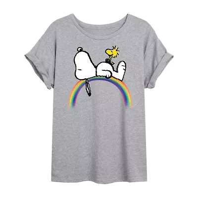 Snoopy And Woodstock Rainbow Womens Crew Neck Short Sleeve Regular Fit Peanuts Juniors Graphic T-Shirt