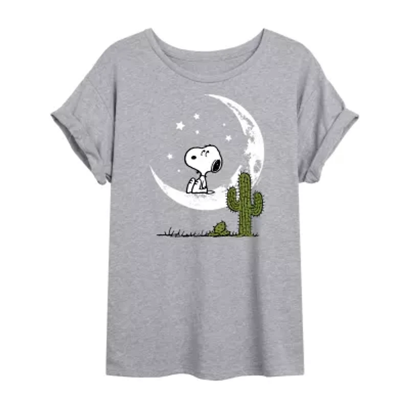 Snoopy Moon Womens Juniors Crew Neck Short Sleeve Regular Fit Peanuts Graphic T-Shirt