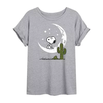 Snoopy Moon Womens Crew Neck Short Sleeve Regular Fit Peanuts Juniors Graphic T-Shirt