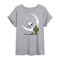 Snoopy Moon Womens Juniors Crew Neck Short Sleeve Regular Fit Peanuts Graphic T-Shirt