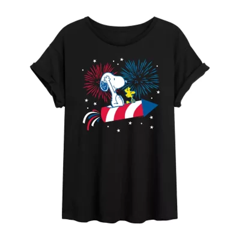 Juniors Snoopy And Woodstock Firecracker Womens Crew Neck Short Sleeve Graphic T-Shirt