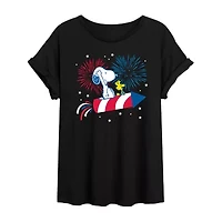 Juniors Snoopy And Woodstock Firecracker Womens Crew Neck Short Sleeve Graphic T-Shirt