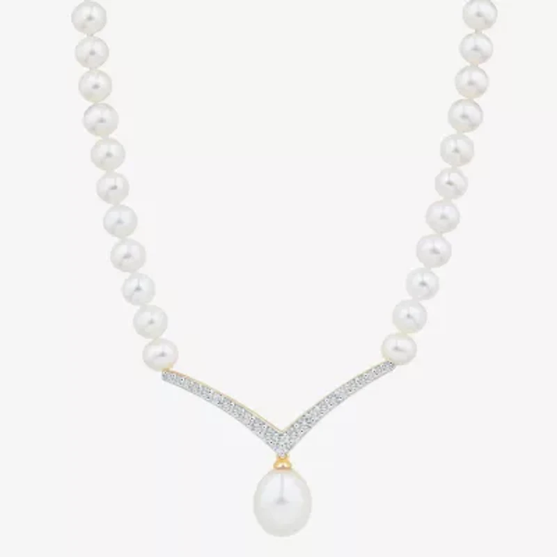 Womens Lab Created White Cultured Freshwater Pearl 14K Gold Over Silver Sterling Silver Chevron 17 Inch Pendant Necklace