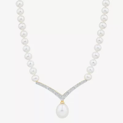 Womens Lab Created White Cultured Freshwater Pearl 14K Gold Over Silver Sterling Silver Chevron 17 Inch Pendant Necklace