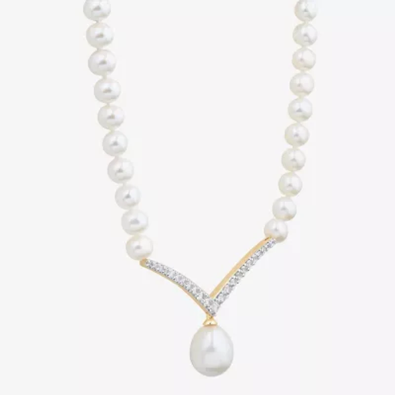 Womens Lab Created White Cultured Freshwater Pearl 14K Gold Over Silver Sterling Silver Chevron 17 Inch Pendant Necklace