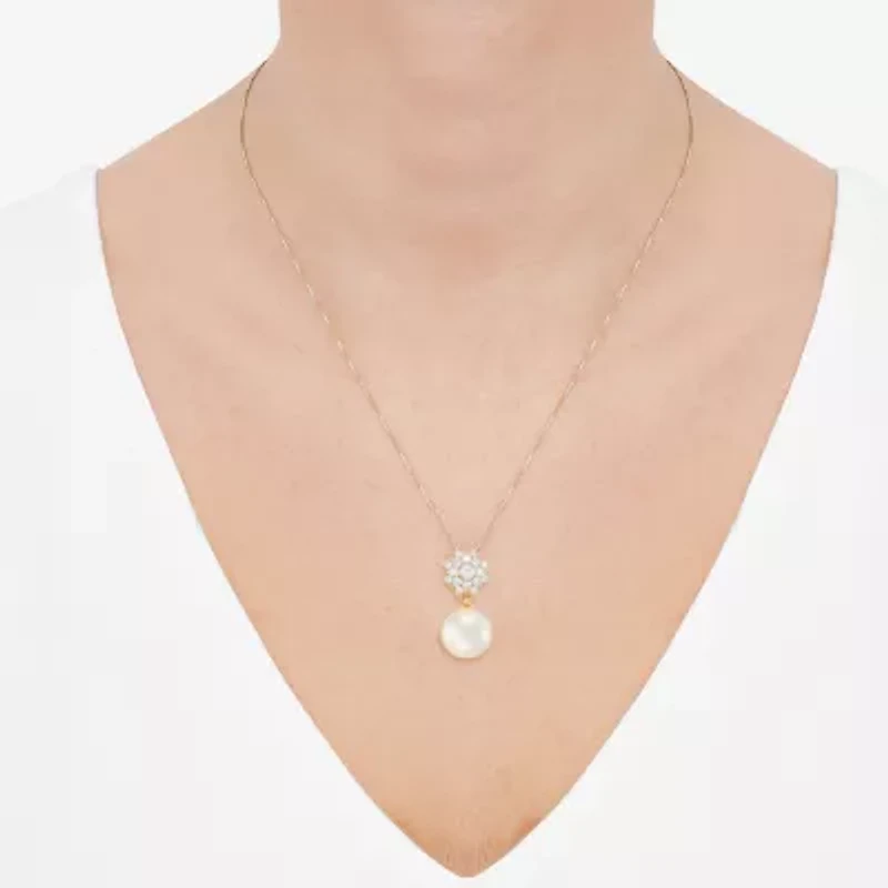 Womens 1/4 CT. T.W. White Cultured Freshwater Pearl 10K Gold Bell Flower 18 Inch Pendant Necklace