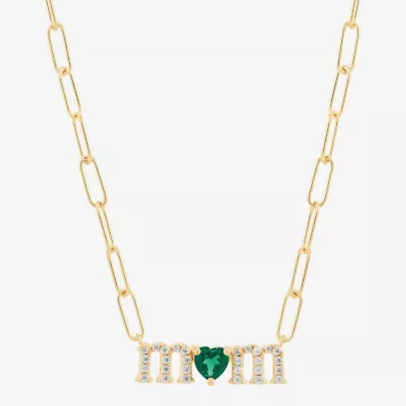 "Mom" Womens Lab Created Green Emerald 14K Gold Over Silver Sterling Silver Heart 18 Inch Pendant Necklace