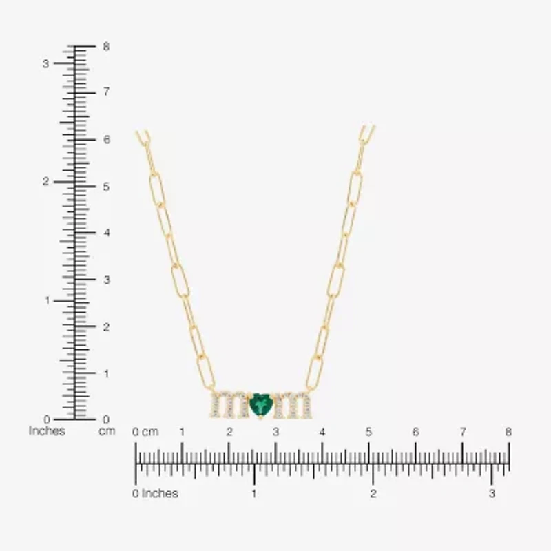 "Mom" Womens Lab Created Green Emerald 14K Gold Over Silver Sterling Silver Heart 18 Inch Pendant Necklace