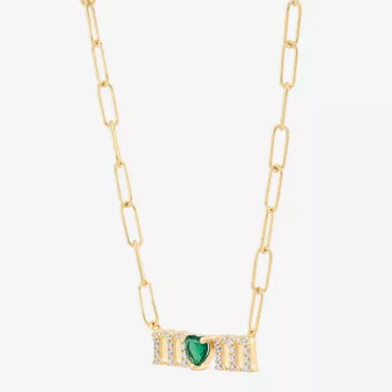 "Mom" Womens Lab Created Green Emerald 14K Gold Over Silver Sterling Silver Heart 18 Inch Pendant Necklace