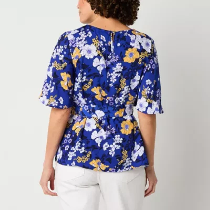 Liz Claiborne Womens Tall Keyhole Neck Short Sleeve Satin Blouse