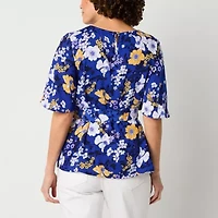 Liz Claiborne Womens Tall Keyhole Neck Short Sleeve Satin Blouse