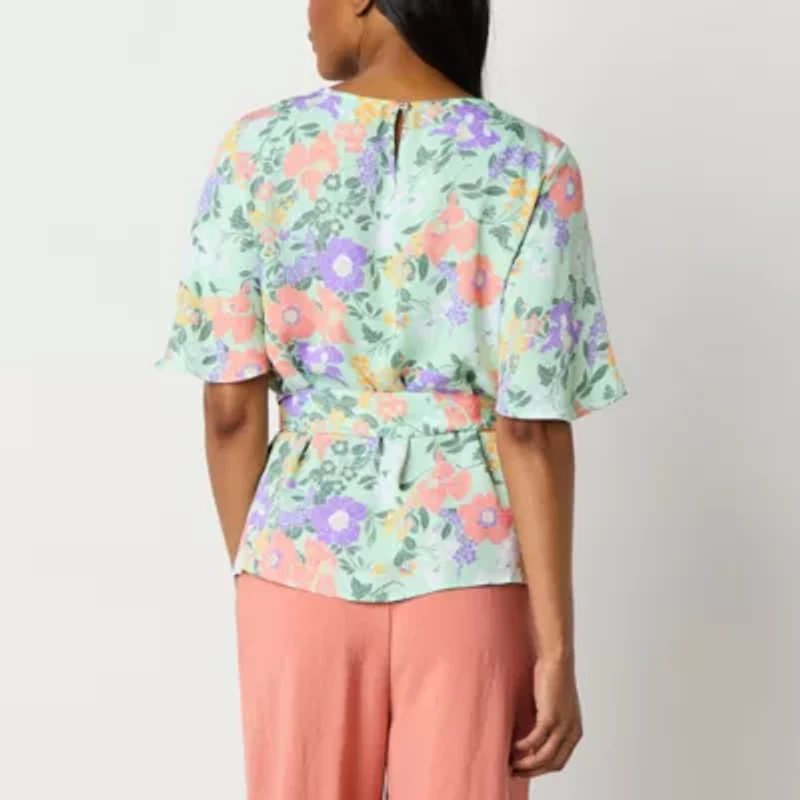 Liz Claiborne Womens Tall Keyhole Neck Short Sleeve Satin Blouse