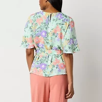 Liz Claiborne Womens Tall Keyhole Neck Short Sleeve Satin Blouse