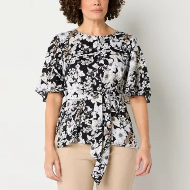 Liz Claiborne Womens Keyhole Neck Short Sleeve Satin Tall Blouse