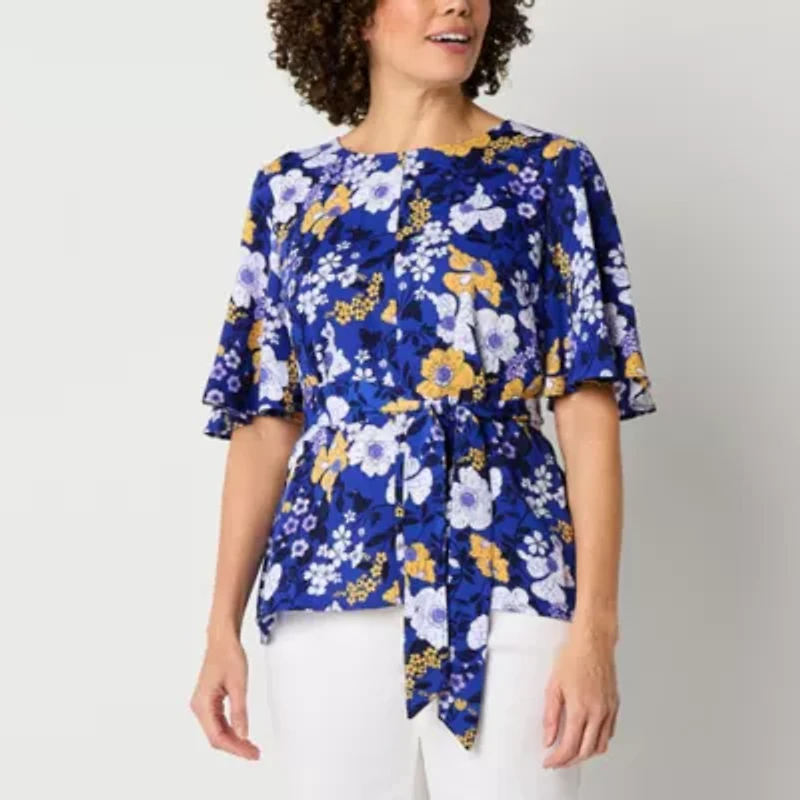 Liz Claiborne Womens Tall Keyhole Neck Short Sleeve Satin Blouse