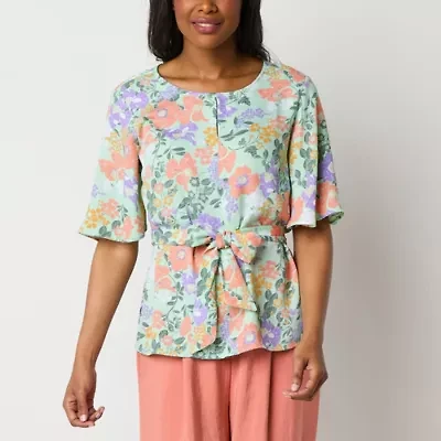 Liz Claiborne Womens Tall Keyhole Neck Short Sleeve Satin Blouse