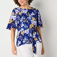 Liz Claiborne Womens Tall Keyhole Neck Short Sleeve Satin Blouse