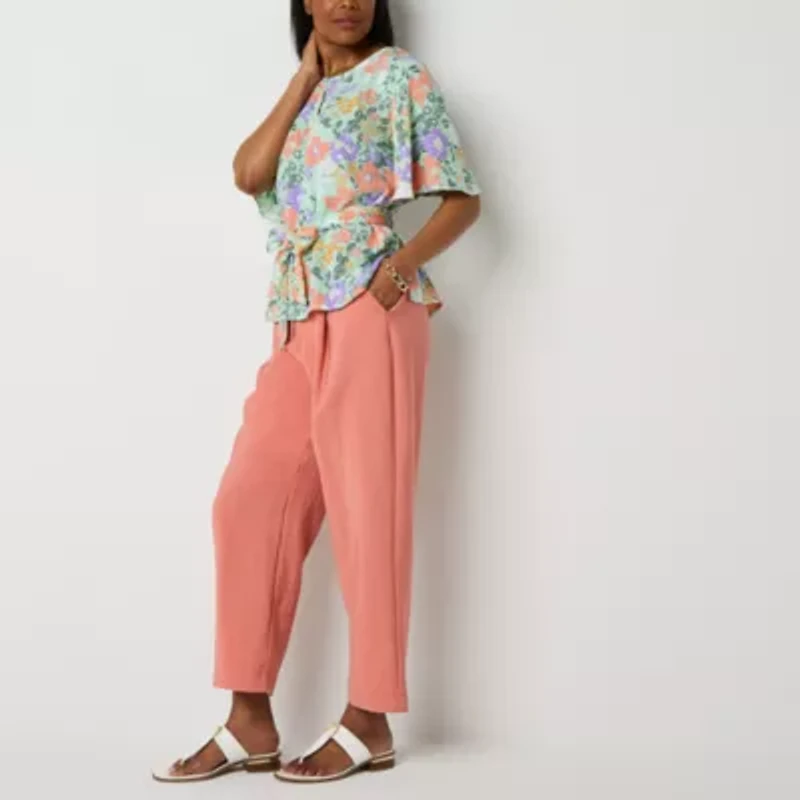 Liz Claiborne Womens Tall Keyhole Neck Short Sleeve Satin Blouse