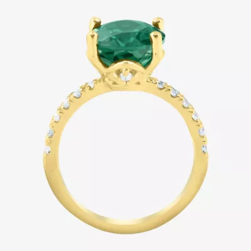 Womens 3/8 CT. T.W. Lab Created Green Emerald 14K Gold Oval Side Stone Cocktail Ring