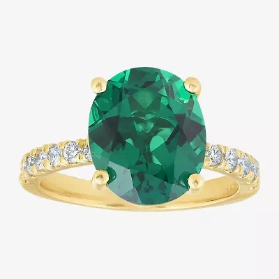 Womens 3/8 CT. T.W. Lab Created Green Emerald 14K Gold Oval Side Stone Cocktail Ring