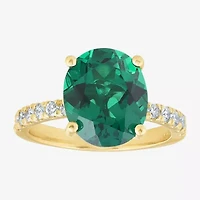 Womens 3/8 CT. T.W. Lab Created Green Emerald 14K Gold Oval Side Stone Cocktail Ring