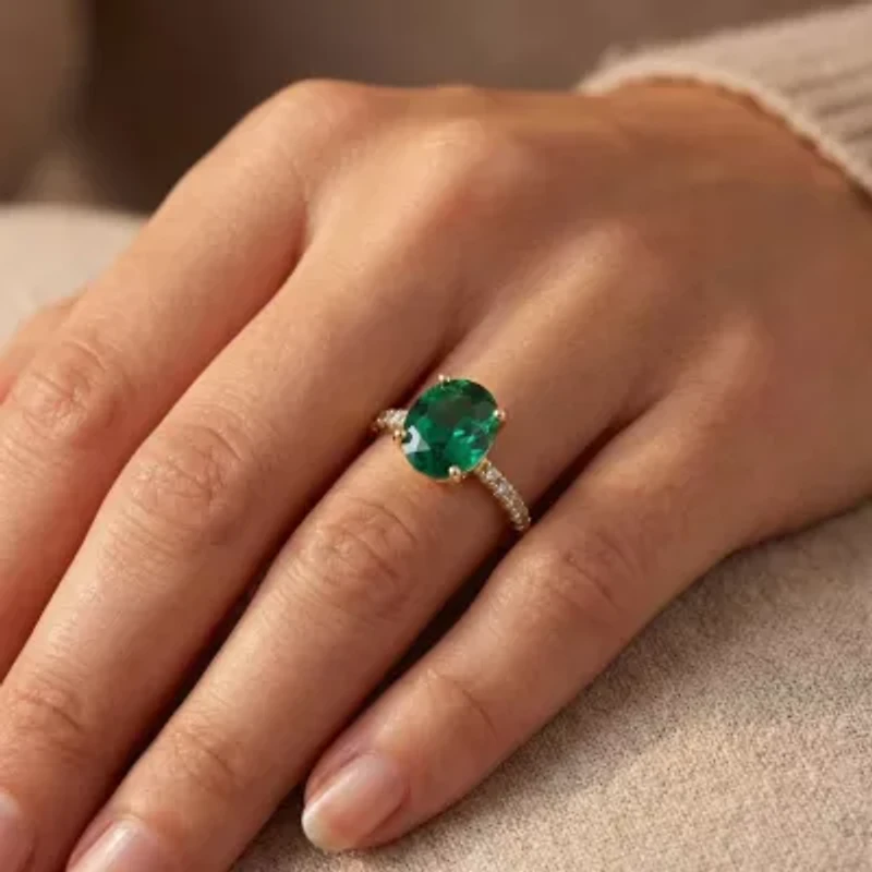 Womens 3/8 CT. T.W. Lab Created Green Emerald 14K Gold Oval Side Stone Cocktail Ring
