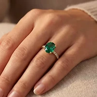 Womens 3/8 CT. T.W. Lab Created Green Emerald 14K Gold Oval Side Stone Cocktail Ring