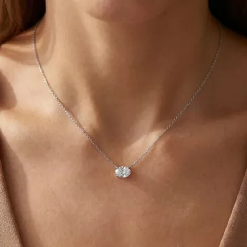 Womens 2 CT. Lab Grown White Diamond 14K Gold Oval 18 Inch Pendant Necklace