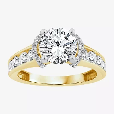 (F / Vs2) Womens 3 CT. T.W. Lab Grown White Diamond 14K Gold Round Side Stone Halo Engagement Ring