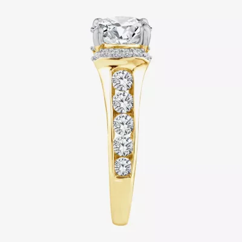 (F / Vs2) Womens 3 CT. T.W. Lab Grown White Diamond 14K Gold Round Side Stone Halo Engagement Ring