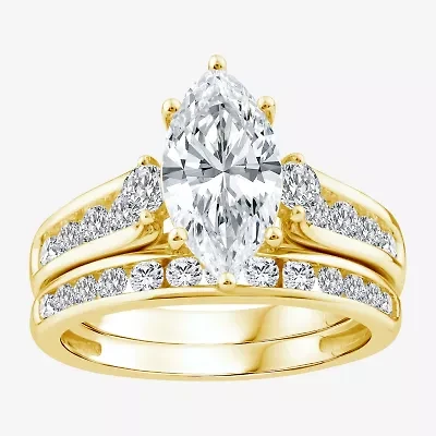(F / Vs2) Womens 3 CT. T.W. Lab Grown White Diamond 14K Gold Marquise Side Stone Bridal Set