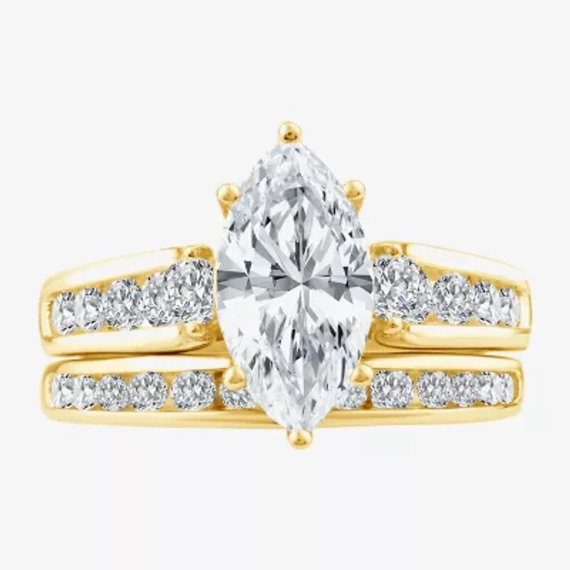 (F / Vs2) Womens 3 CT. T.W. Lab Grown White Diamond 14K Gold Marquise Side Stone Bridal Set