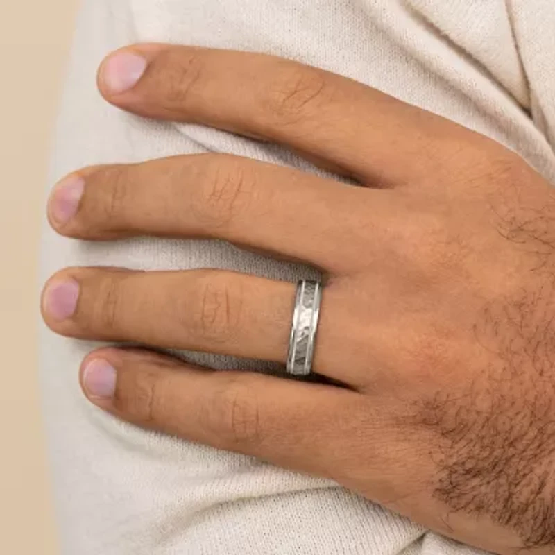 Mens 10K White Gold 6mm Hammered Band