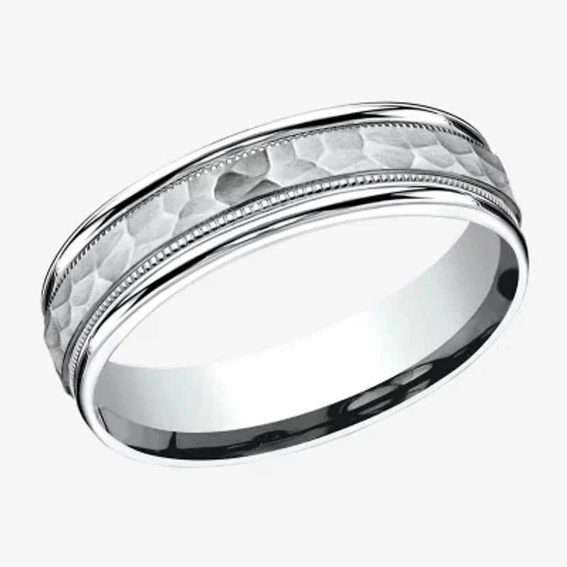 Mens 10K White Gold 6mm Hammered Band