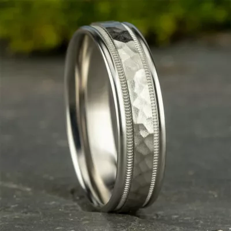 Mens 10K White Gold 6mm Hammered Band