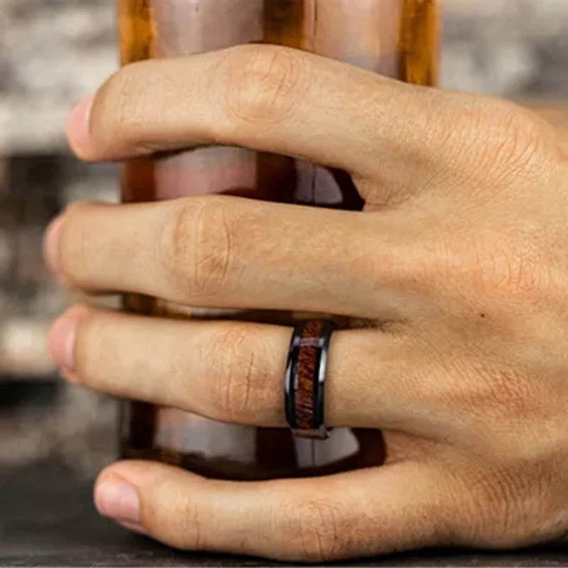 Mens Comfort Fit 8mm Black Cobalt with Rosewood Inlay Wedding Band