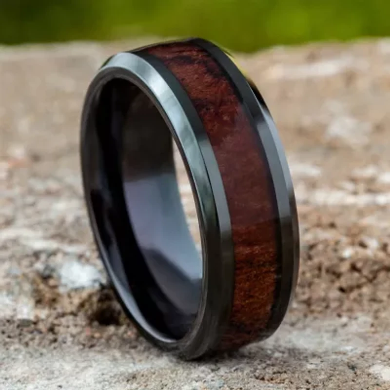 Mens Comfort Fit 8mm Black Cobalt with Rosewood Inlay Wedding Band