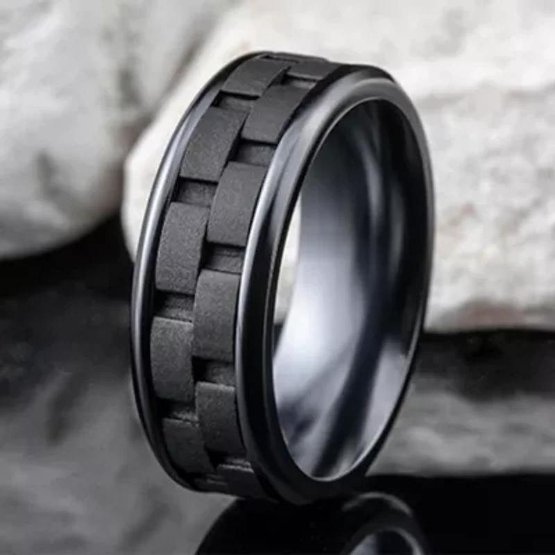 Mens Comfort Fit 8mm Black Titanium Link Inlay Wedding Band