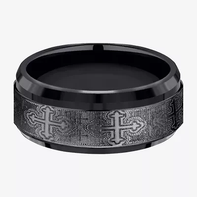 Mens Comfort Fit 9mm Black Titanium Cross Wedding Band