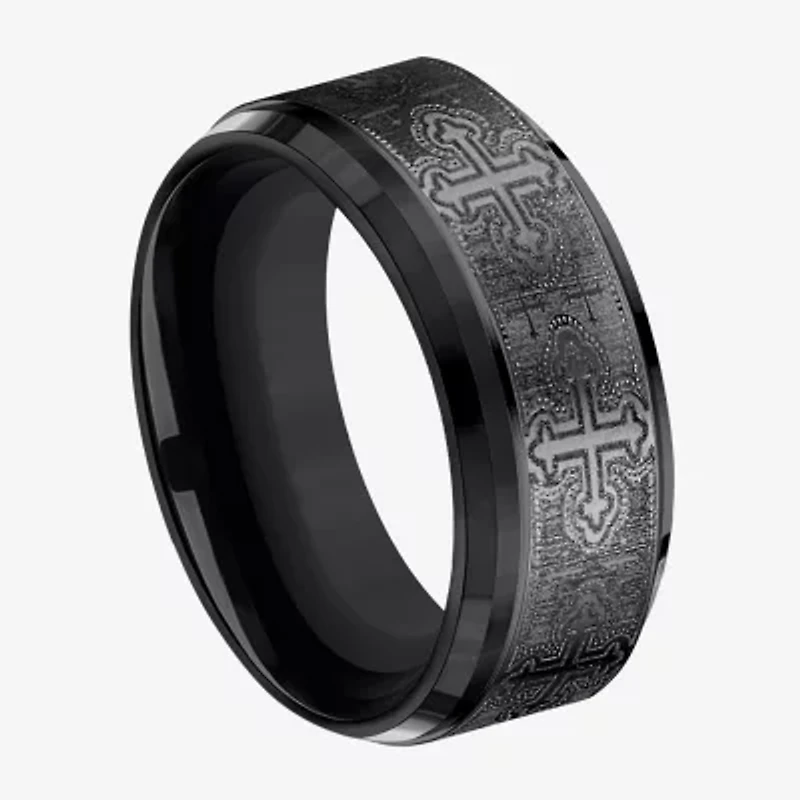 Mens Comfort Fit 9mm Black Titanium Cross Wedding Band