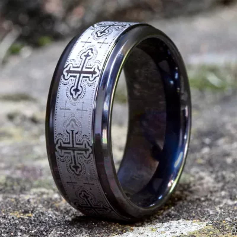 Mens Comfort Fit 9mm Black Titanium Cross Wedding Band
